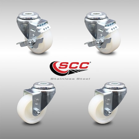 Service Caster 3 Inch SS Nylon Wheel Swivel Bolt Hole Caster Set with 2 Brakes SCC-SSBH20S314-NYS-2-TLB-2